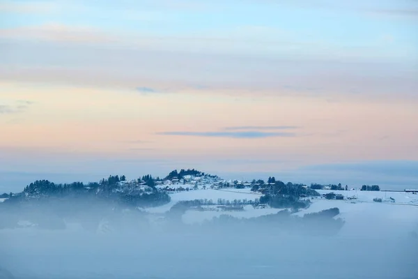 Fog Trondheim Fjord View Village Byneset Located Norwegian City Trondheim — Foto Stock