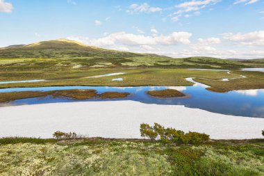 Norveç 'te bahar, Oppdal belediyesinde Orkla Gölü' nden çıkan Orkla Nehri manzarası