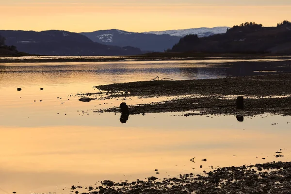 Sunset Trondheim Fjord River Gaula Gaulosen Nature Preserve View Agricultural — Foto Stock