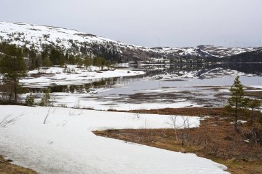 Norveç 'te bahar mevsimi, Trondelag' da yer alan Vaavatnet Gölü 'ndeki eriyen karın manzarası.