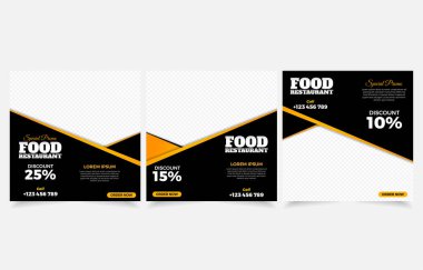 Yemek menüsü afişi sosyal medya ileti seti. Gıda menüsündeki promosyonlar için düzenlenebilir sosyal medya şablonları. Vektör Şablonu Tasarım sosyal medya postası. 