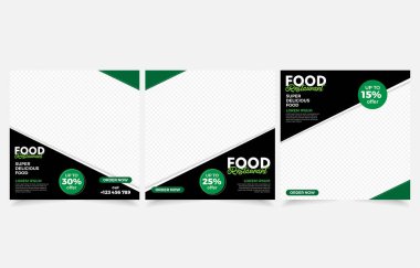 Yemek menüsü afişi sosyal medya ileti seti. Gıda menüsündeki promosyonlar için düzenlenebilir sosyal medya şablonları. Vektör Şablonu Tasarım sosyal medya postası. 