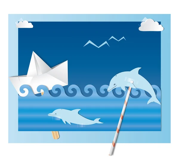 Meerescollage mit Delphin und Schiff lizenzfreie Stockvektoren