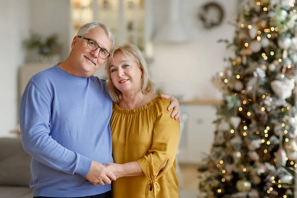 Großeltern Neben Dem Weihnachtsbaum Neues Jahr Familientradition Stockfoto