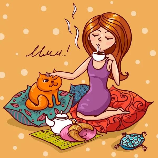 Happy Time - petit déjeuner sucré avec un joli chaton — Image vectorielle