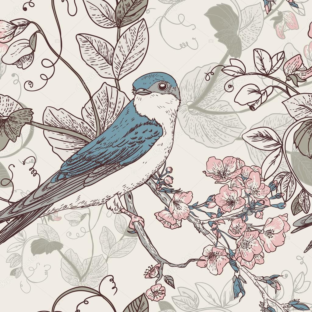 Seamless floral background with bird