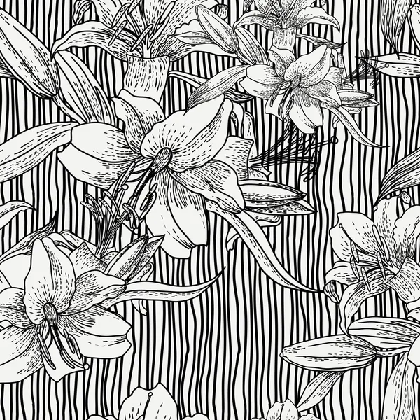 Patrón monocromo sin costura con flores de lirio — Vector de stock