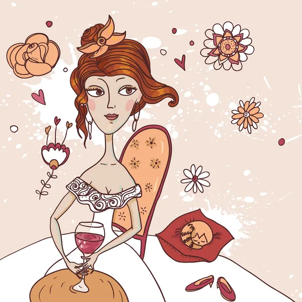 Pretty girl with a glass of wine in white dress — Stock Vector