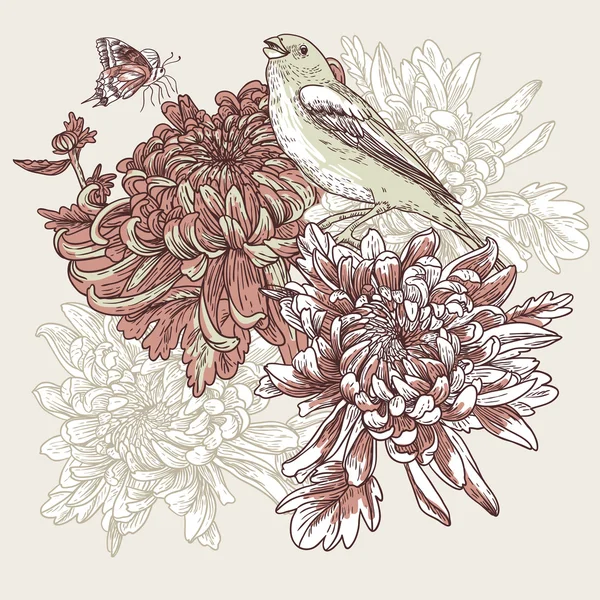 Flores com ilustração de pássaro — Vetor de Stock