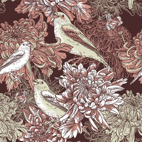 鸟儿与菊花花卉背景 — 图库矢量图片