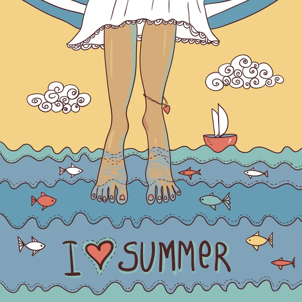 Summer card with legs in the sea — Stock Vector