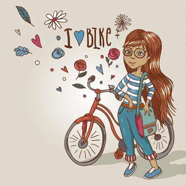 Chica joven con una bicicleta — Vector de stock