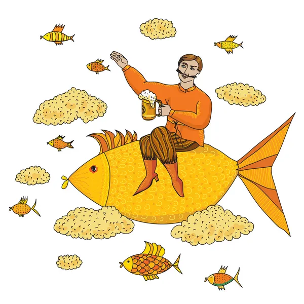 Milovník piva na velké zlaté ryby — Stockový vektor