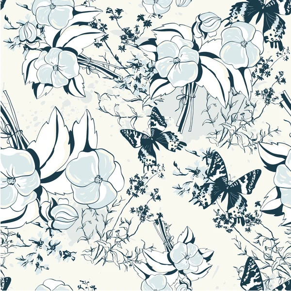蝶やビンテージ スタイルのバラの花のシームレスなパターン — ストックベクタ
