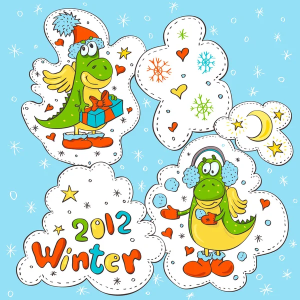 Set van winter cartoon draken — Stockvector