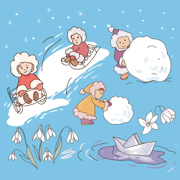 Niños jugando, invierno — Vector de stock