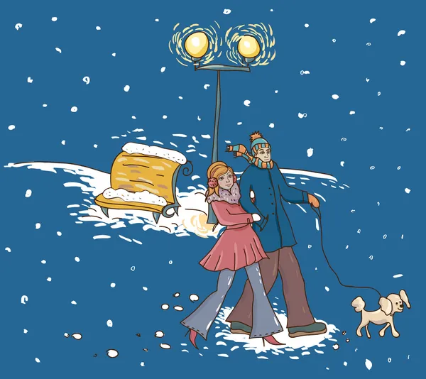 Par med en hund som går på en snöig gränd — Stock vektor