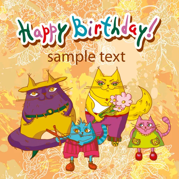 ¡Feliz cumpleaños! Tarjeta de felicitación divertida con gatos — Archivo Imágenes Vectoriales