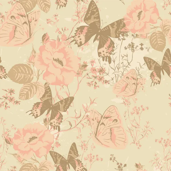 Floral seamless pattern with butterflies and roses in vintage style — Stock Illustration Floral seamless pattern with butterflies and roses in vintage style Stock Vector