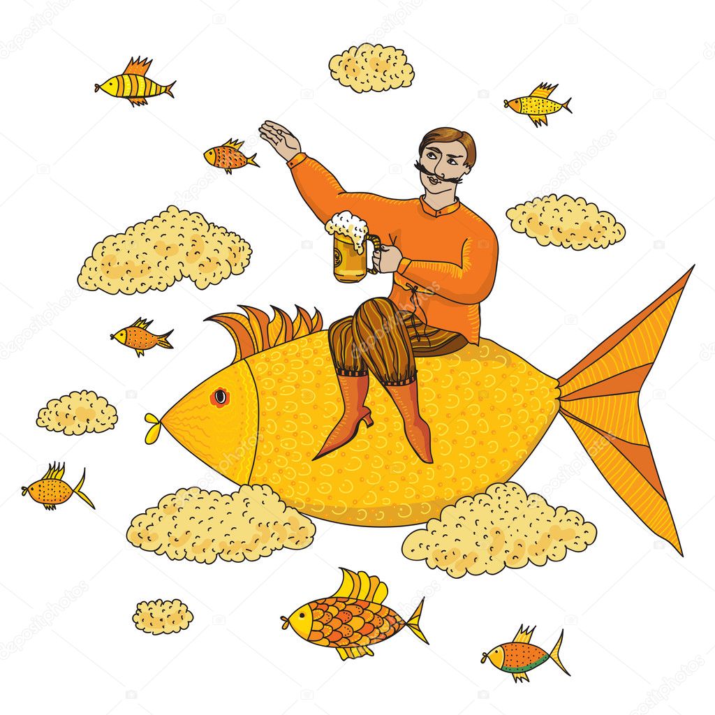 Beer lover flying on a big gold fish