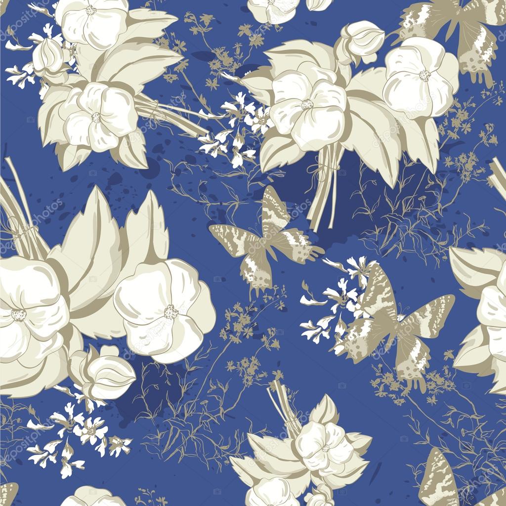 Floral seamless pattern with butterflies and roses in vintage style