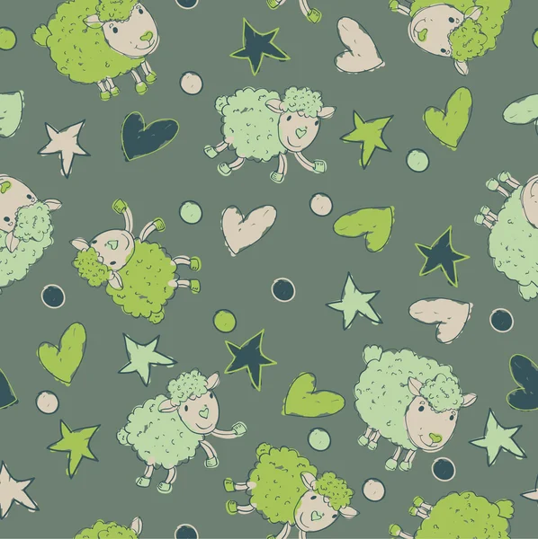 Fond sans couture : étoile, moutons et cœurs — Image vectorielle