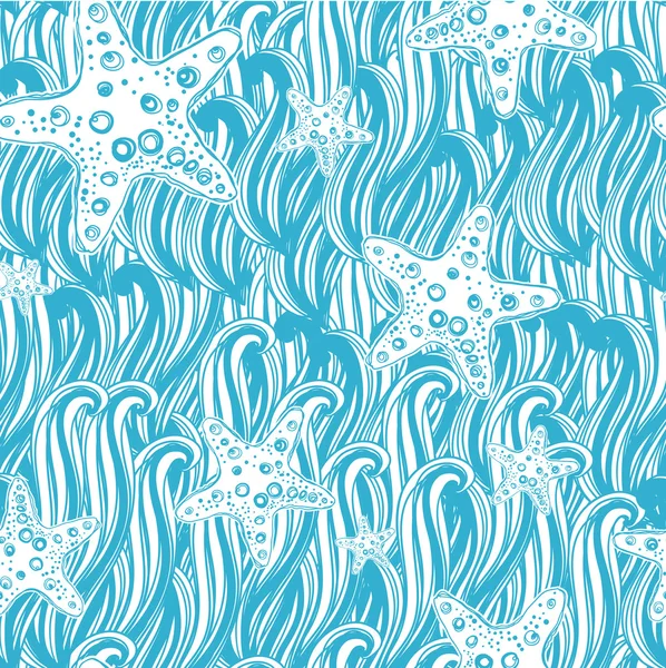 Seamless abstract pattern, waves background, wallpaper with starfish — Stock Vector