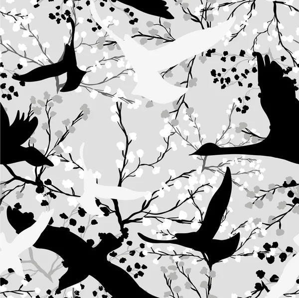Seamless pattern with trees and branches black and white abstract pattern with birds — Stock Vector