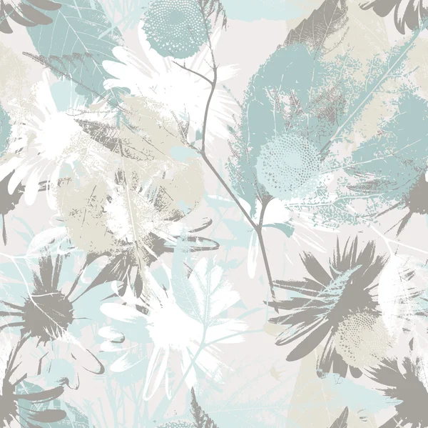 叶子和花背景与鲜花 grunge 纹理与抽象无缝模式 — 图库矢量图片