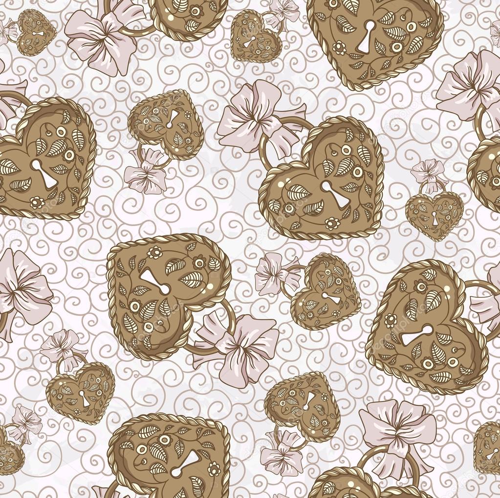 Vector seamless pattern with heart-shaped lock Vector background for textile design in vintage style. Wallpaper, background valentine seamless hearts pattern