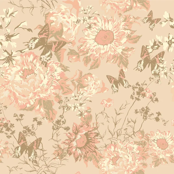Patrón sin costura floral con mariposas y rosas en estilo vintage — Vector de stock