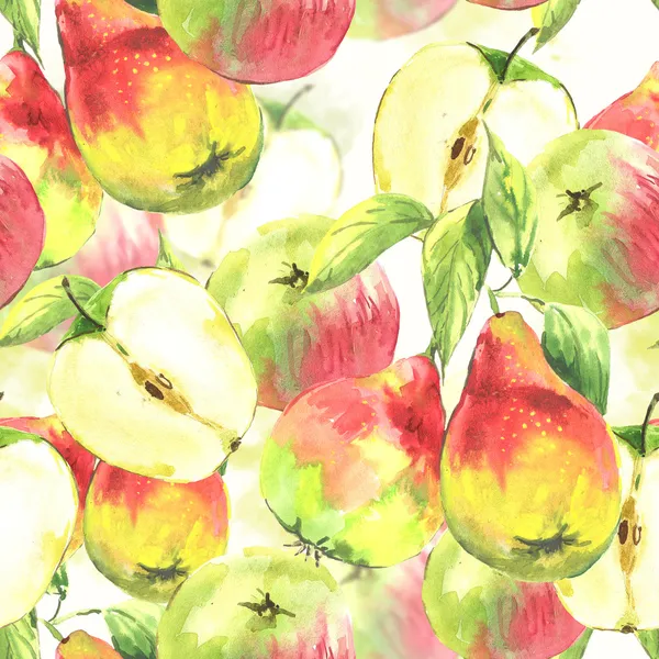 Sömlös bakgrund, akvarell päron och äpplen — Stockfoto