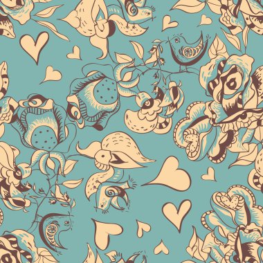 Gül ve kuşlar sorunsuz çiçek desenli