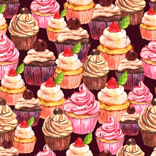 Fundo cupcake sem costura aquarela — Fotografia de Stock