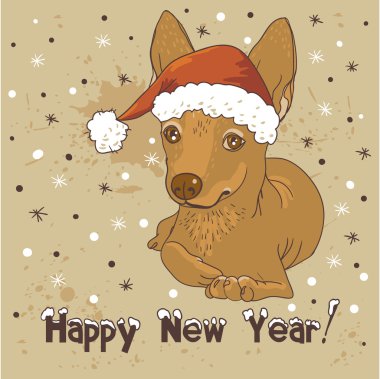 Yeni Yılınız Kutlu Olsun! Noel Baba şapkası ile şirin bir köpek ile tebrik kartı