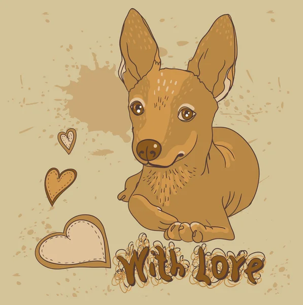 Cão com coração Cartão de saudação com amor em estilo vintage — Vetor de Stock