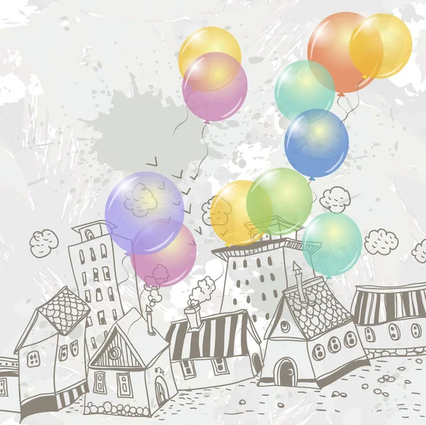 Cartoon Stadt Hintergrund mit bunten Luftballons, Tapete Skizze — Stockvektor