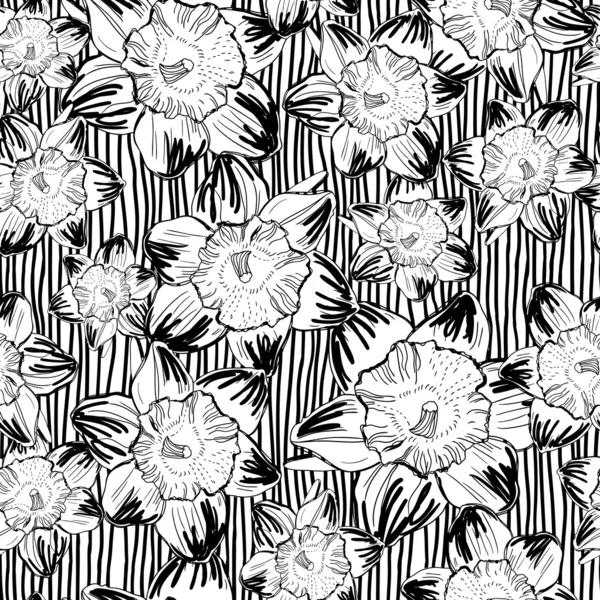 Czarno-biały bez szwu bezszwowe tło z liści i kwiatów wzór — Wektor stockowy