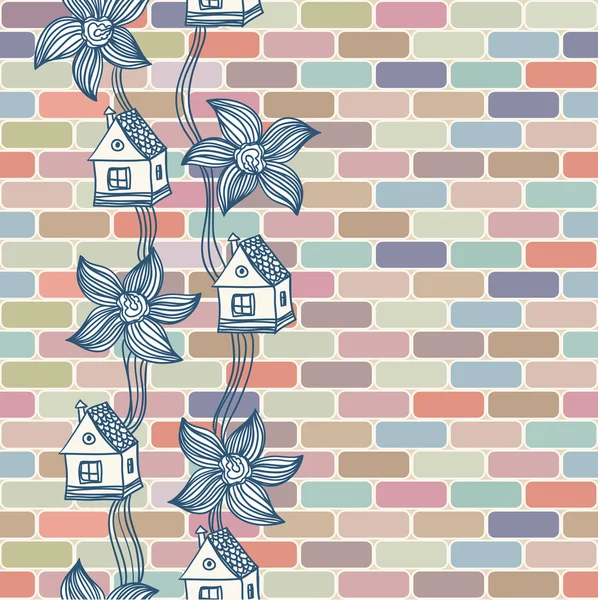 Seamless geometric pattern Seamless colorful brick wall with flowers and houses — Stock Vector