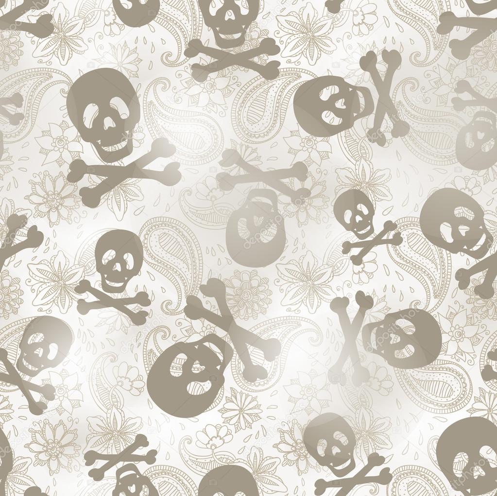 Seamless background with skulls and flowers