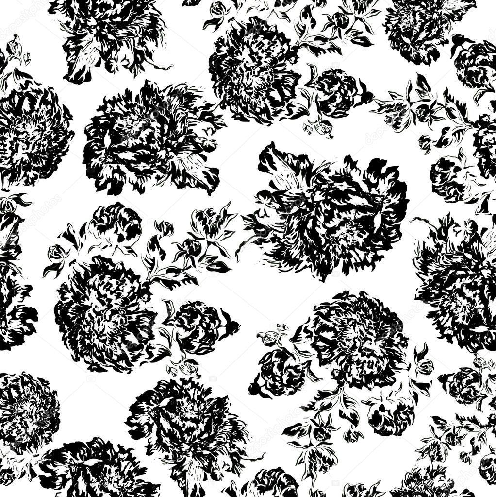 Seamless black-and-white peony wallpaper pattern. Vector monochrome background
