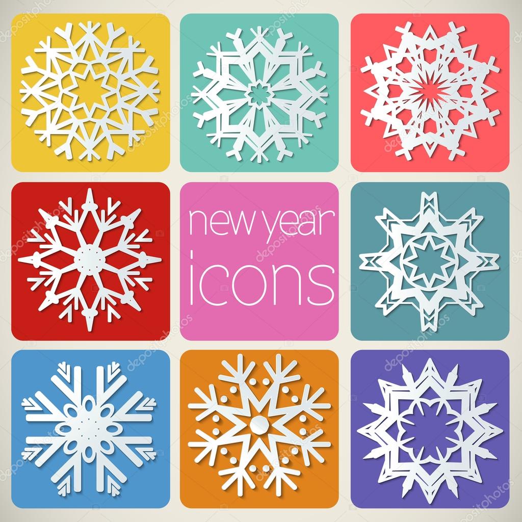 New Year Icons Set with snowflakes.