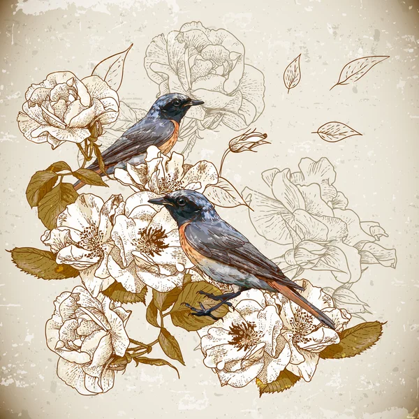 Vintage fond floral avec des oiseaux — Image vectorielle