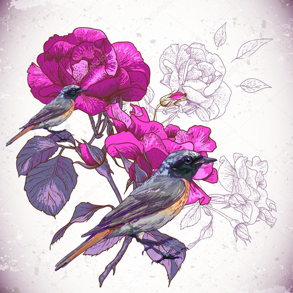Vintage floral background with birds
