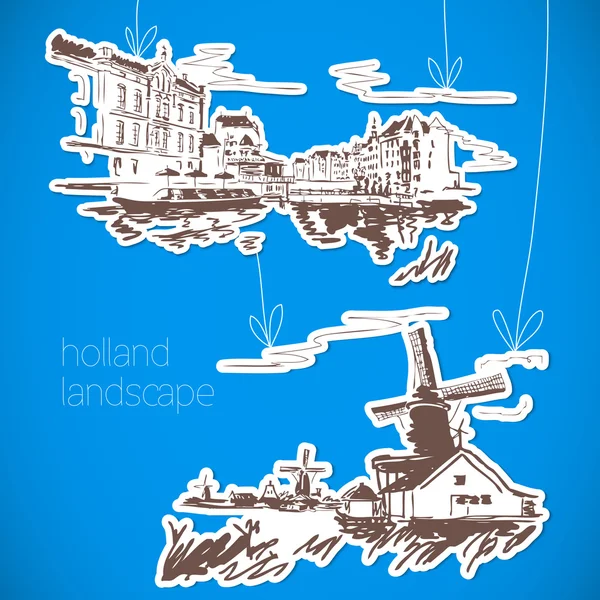 Holanda paisaje dibujado a mano en estilo vintage — Archivo Imágenes Vectoriales