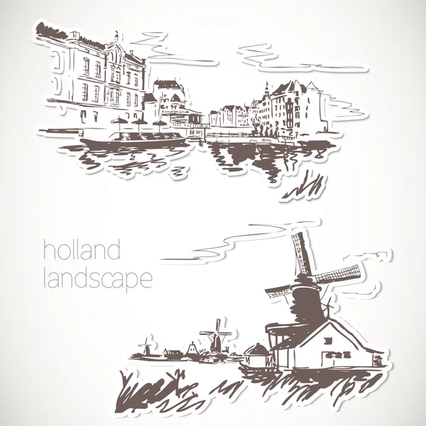 Holanda mão desenhada paisagem em estilo vintage — Vetor de Stock