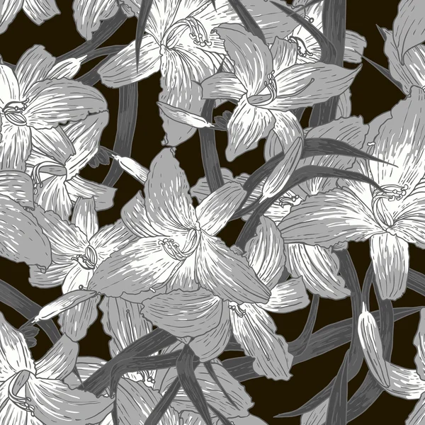 Sömlös monokrom floral bakgrund med liljor — Stock vektor