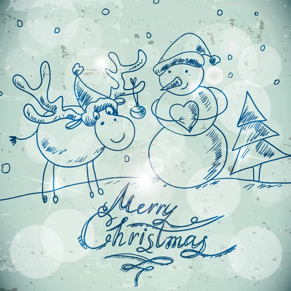 Cartão de felicitações de Natal com um boneco de neve e alce — Vetor de Stock