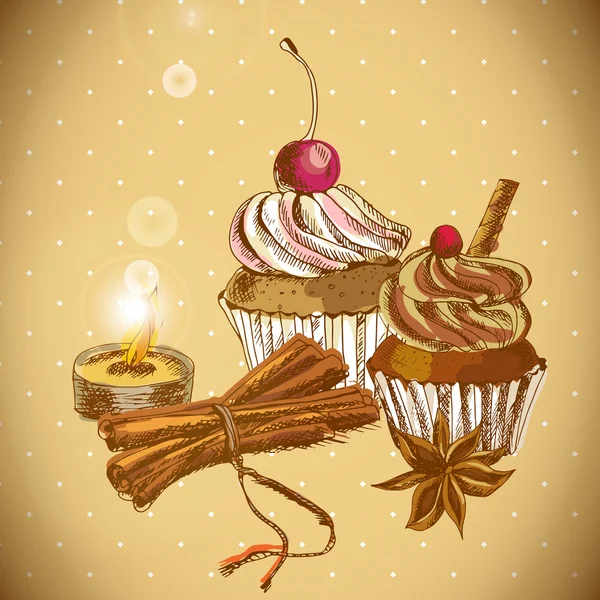 Vintage background with Cupcake and cinnamon — Stock Vector