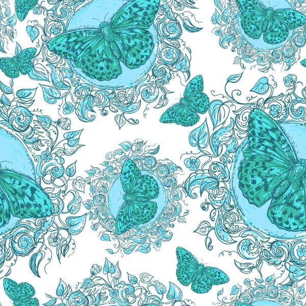 Bleu Floral fond sans couture avec des papillons — Image vectorielle